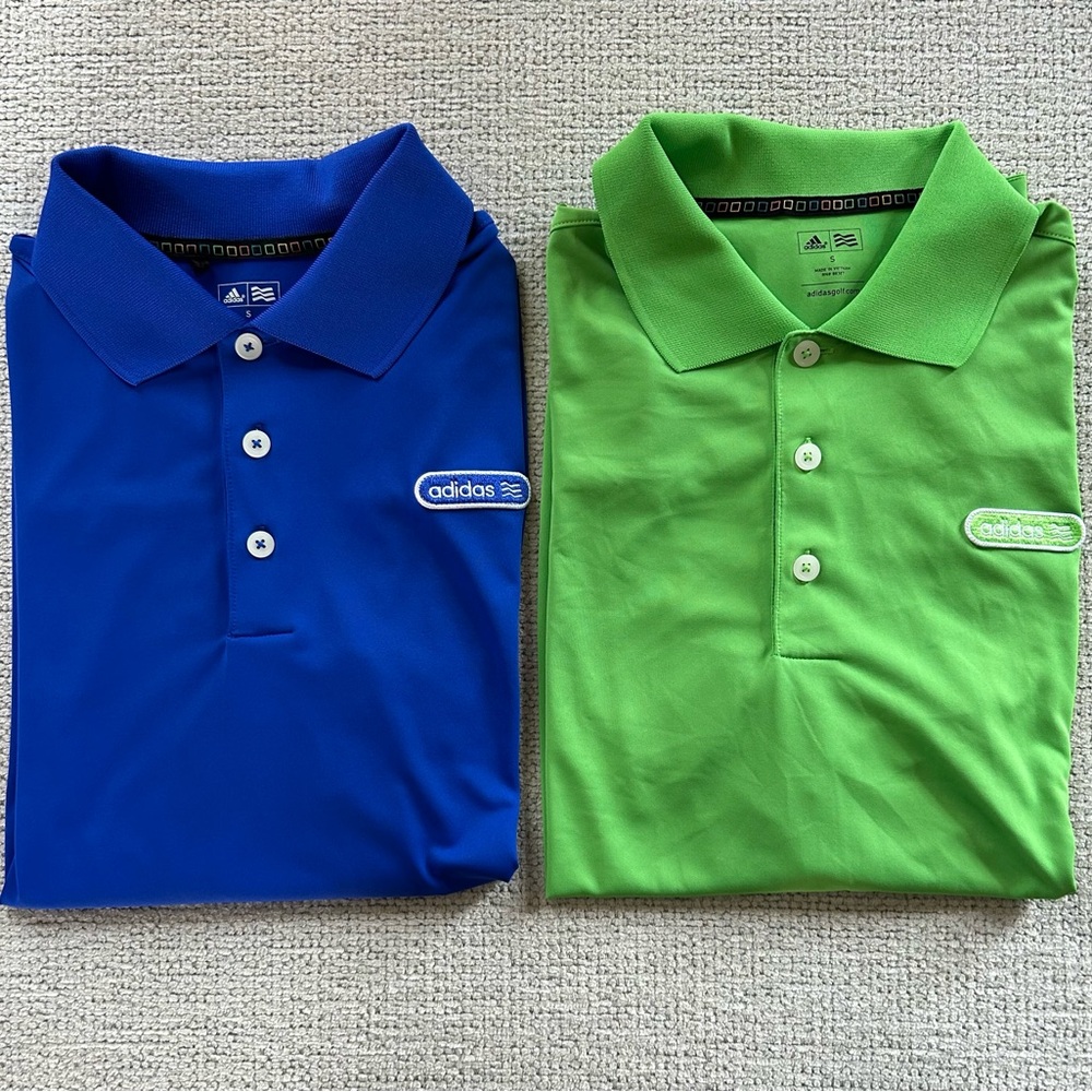 2 Adidas Polo Shirts- Blue and Green- Size Small Like New 💙💚⛳️